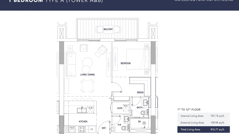 Plan d'étage architectural d'un appartement d'une chambre (type a) à Kensington, comprenant une chambre, une salle de bains, un salon/salle à manger, une cuisine et un balcon avec étiquettes et dimensions.