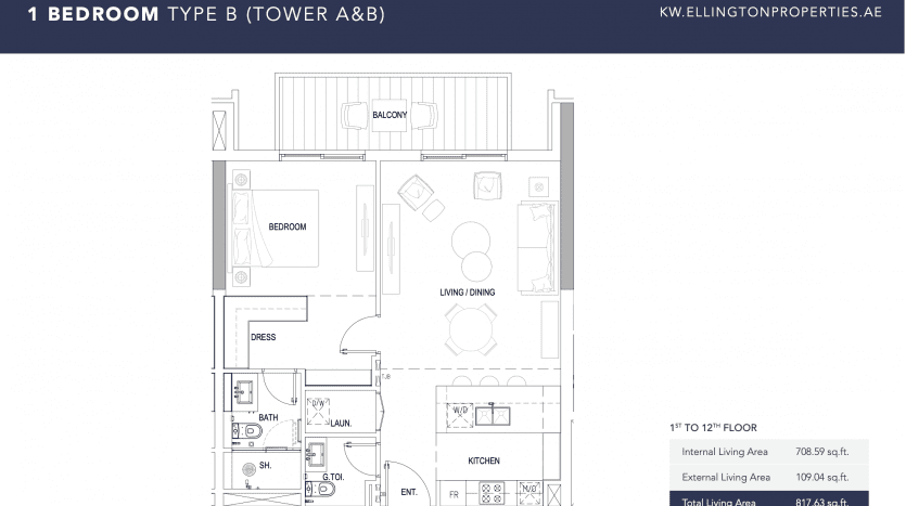Plan d'étage d'un appartement d'une chambre dans la tour de Kensington montrant la chambre, la salle de bains, la cuisine, le salon/salle à manger, le balcon et l'entrée. Comprend les dimensions et les zones internes, externes et totales