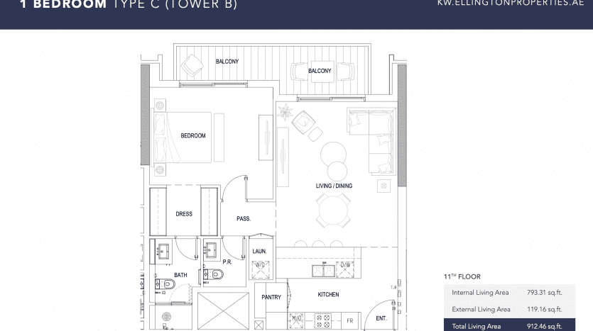 Plan d'étage d'un appartement 1 chambre dans la tour B de Kensington, comprenant une chambre, deux balcons, une salle de bains, un garde-manger, une cuisine et un coin salon/salle à manger. Comprend les dimensions et la surface habitable totale