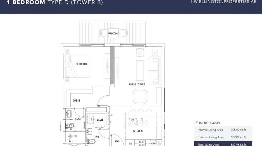 Plan d'étage d'un appartement 1 chambre dans la tour B de Kensington, comprenant une chambre, une salle de bains, un dressing, une cuisine, un salon/salle à manger, un balcon et une salle d'eau. Les marquages indiquent les dimensions