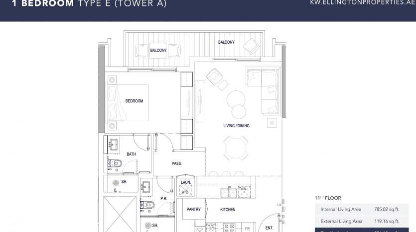 Un plan architectural d'un appartement d'une chambre à Kensington, mettant en évidence la disposition de la chambre, de la salle de bain, de la cuisine, du salon et de la salle à manger, des trois balcons et des équipements supplémentaires.