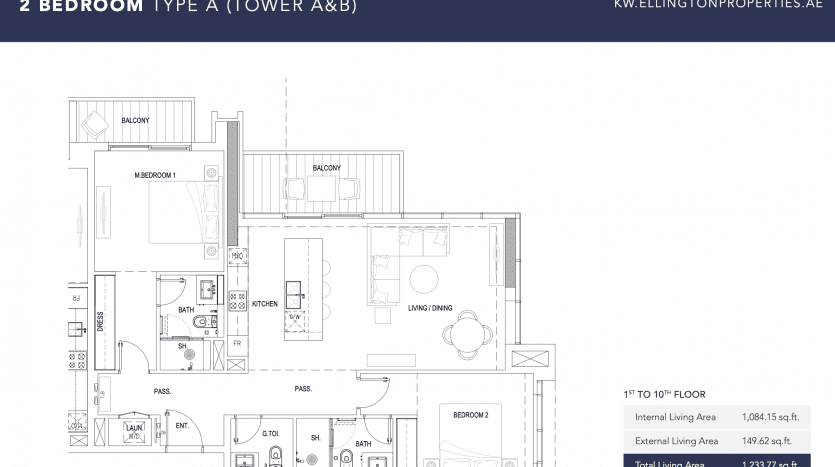 Plan d'un appartement de 2 chambres à Kensington avec une disposition détaillée comprenant des chambres, une cuisine, un salon, des salles de bains et un balcon. Les mesures et l'URL du site Web sont également fournies.