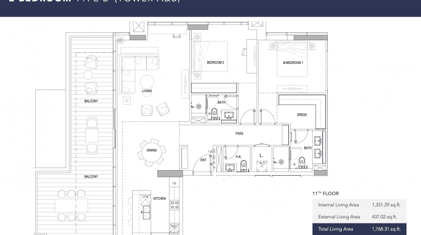 Un plan d'étage d'un appartement de deux chambres dans la tour A de Kensington, comprenant un salon, une cuisine, deux salles de bains et un balcon. Le plan montre les dimensions et la disposition des pièces.
