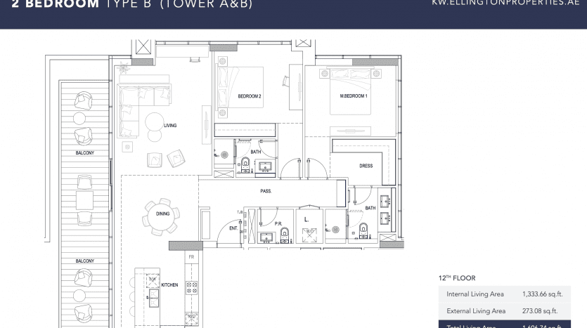 Plan d'étage architectural d'un appartement de 2 chambres dans la tour A de Kensington. Le plan comprend un salon, une cuisine, un espace salle à manger, deux chambres, des salles de bains et un balcon. Les mesures détaillées sont