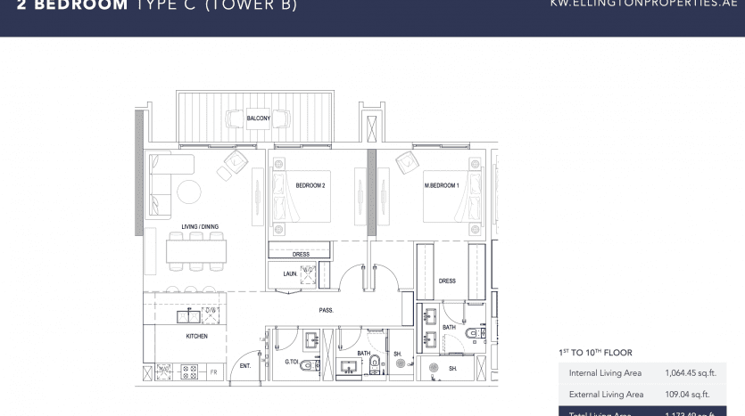 Plan d'étage d'un appartement de 2 chambres dans la Kensington Tower BW comprenant un salon, un balcon, une cuisine, deux salles de bains, des placards et des espaces de rangement ainsi que les dimensions.