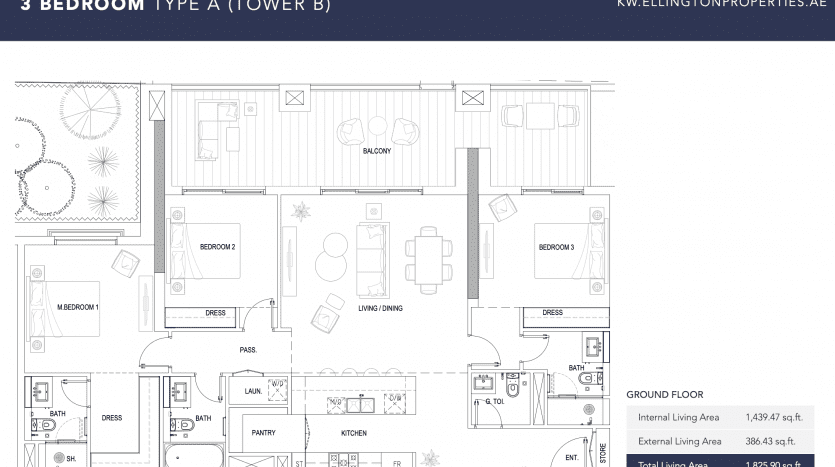 Plan d'étage architectural d'un appartement de 3 chambres dans la tour B de Kensington, montrant les pièces, la disposition des meubles, le balcon et les mesures en pieds carrés, étiquetées pour plus de clarté.