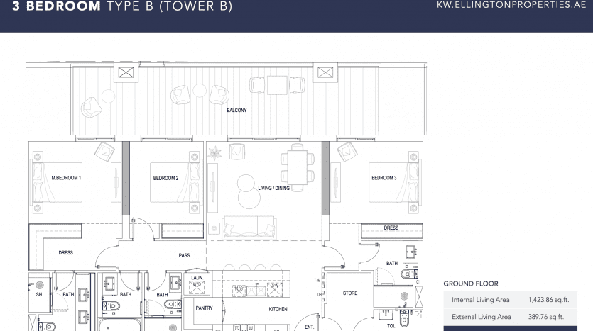 Plan architectural d'un appartement de 3 chambres dans la tour B de Kensington, comprenant des pièces étiquetées comprenant des chambres, des salles de bains, une cuisine et des espaces de vie, avec des détails supplémentaires sur les dimensions.