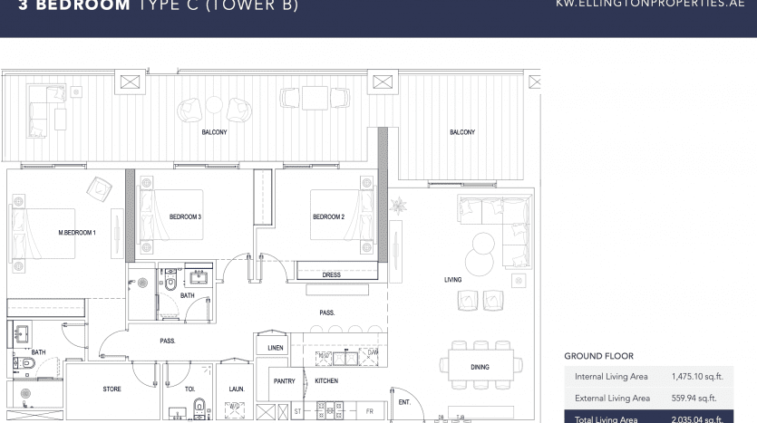 Plan d'étage architectural d'un appartement de 3 chambres à Kensington, montrant la disposition des chambres, des salles de bains, de la cuisine, du salon et de la salle à manger, ainsi que des balcons et des espaces de rangement.