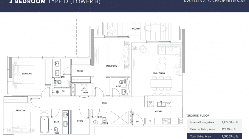 Plan d'étage architectural d'un appartement de 3 chambres (type D) dans le Kensington Water Tower, comprenant des chambres, des salles de bains, une cuisine, un salon/salle à manger et un balcon avec des meubles et des mesures étiquetés.