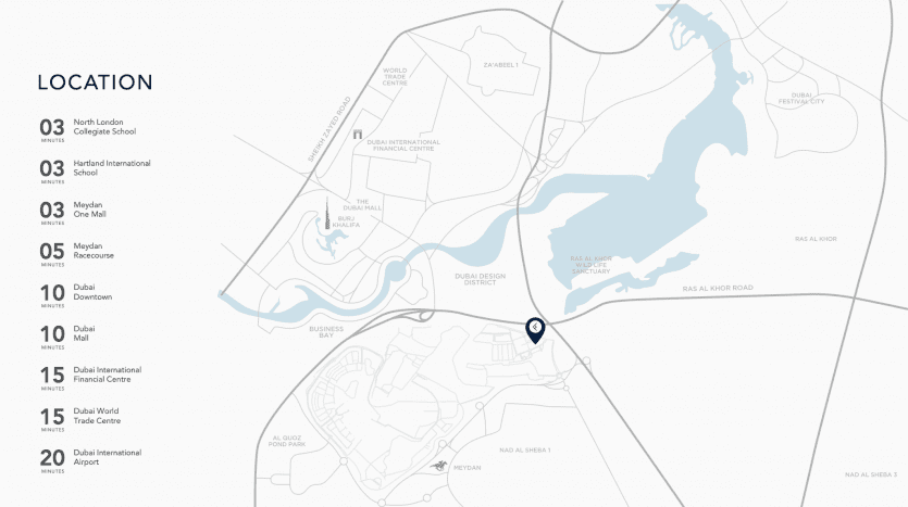 Carte minimaliste mettant en évidence des emplacements spécifiques d'une ville, marquées de chiffres et d'étiquettes, présentant des routes, des plans d'eau, dont Kensington Water, et un marqueur bleu sur un emplacement nommé « quartier des affaires ».