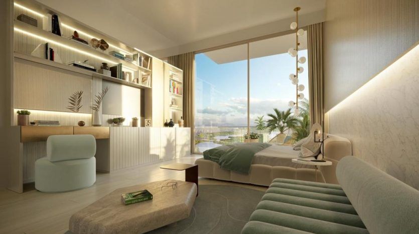 Une chambre moderne à Regalia Dubaï avec une grande fenêtre offrant une vue panoramique, meublée d'un lit double, d'étagères intégrées, d'un bureau et d'une décoration aux tons doux.