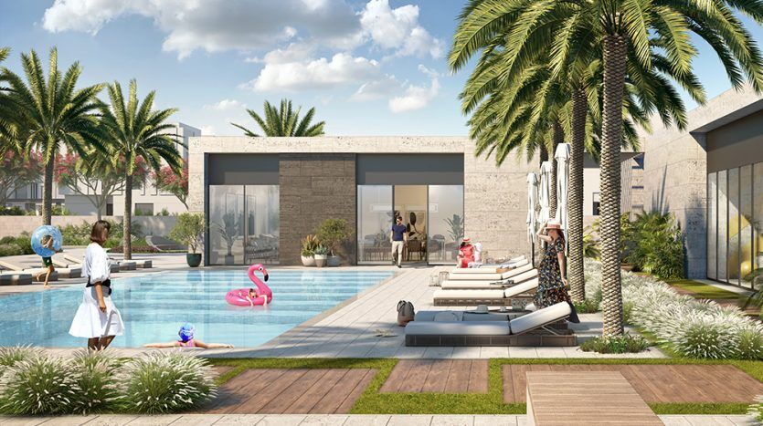 Une scène d'arrière-cour luxueuse dans la vallée de Dubaï avec une piscine, des palmiers et un pool house moderne. Les gens se détendent et jouent ; l'un nage, un autre se prélasse sur une chaise et un groupe