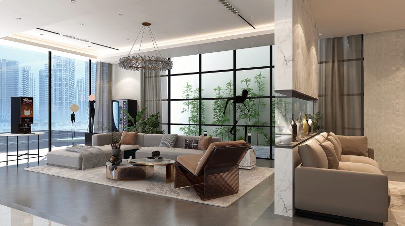 Salon luxueux et moderne du Prime Residency 3 avec de grandes fenêtres, vue sur la ville, meubles élégants, murs en marbre et plantes d'intérieur, doté d'un éclairage élégant et de tons de couleurs neutres.