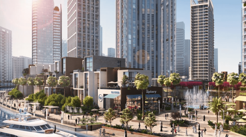 Illustration d'un quartier moderne en bord de mer avec des immeubles de grande hauteur, une promenade animée avec des gens, des boutiques et des cafés de Select Group à Dubaï, et un yacht qui passe devant.