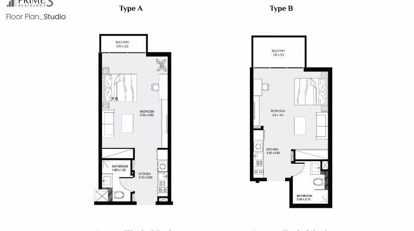 Plans d'étage architecturaux pour deux studios, type a et type b, du projet Prime Residency 3. Chaque plan comprend une salle de bains, une cuisine, un balcon et un salon, annotés de