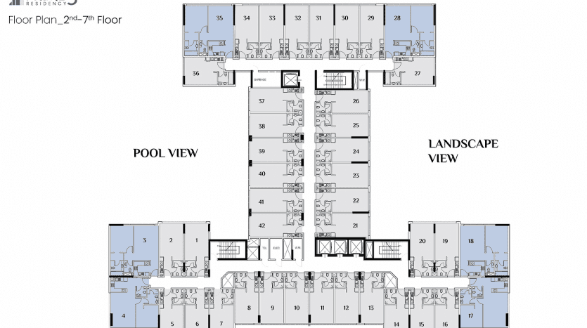 Plan d'étage architectural de Prime Residency 3 montrant la disposition de plusieurs appartements autour d'un couloir central au 27ème étage, étiquetés avec les numéros d'unité et les vues désignées sur la piscine et le paysage.