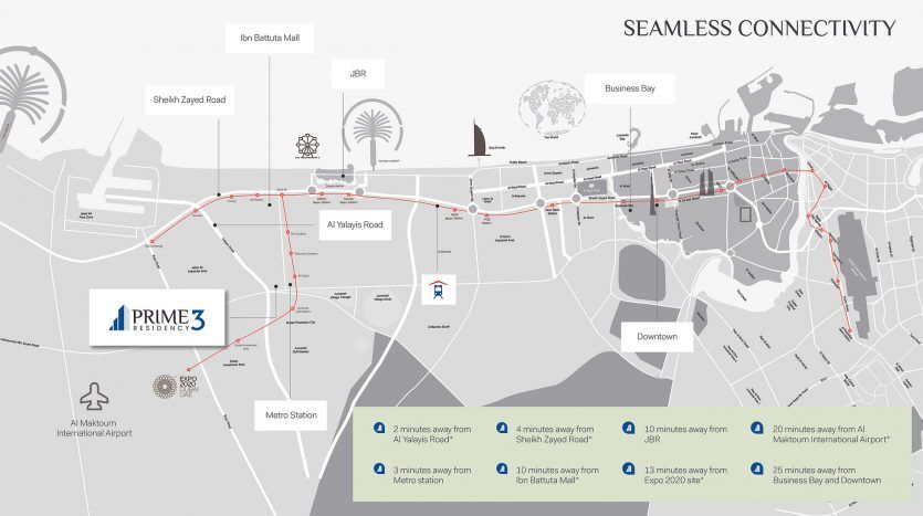 Une carte détaillée montrant les itinéraires de connectivité fluides au sein d'une ville, y compris les stations de métro, les routes principales et les quartiers clés comme le centre-ville et la résidence principale 3, mettant en évidence les temps de trajet vers divers points de repère.