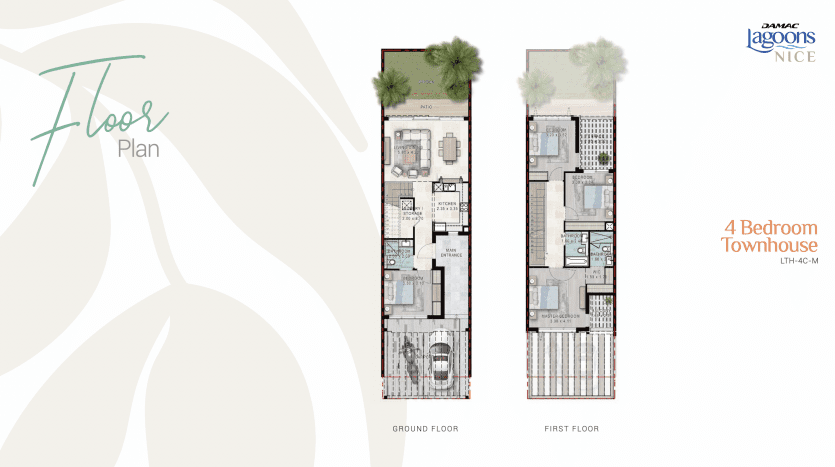Plan d'étage illustratif d'une maison de ville de 4 chambres à coucher à Damas Hills comprenant les pièces étiquetées et la disposition des meubles pour le rez-de-chaussée et le premier étage, avec un titre décoratif « plan d'étage » et des graphiques de