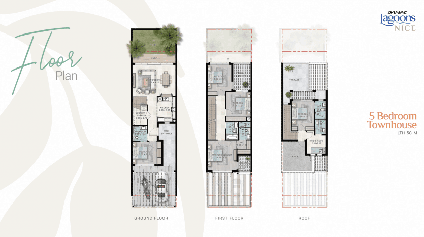 Un plan d'étage architectural d'une maison de ville de 5 chambres à Damas Hills The Lagoons, présentant des dispositions détaillées pour le rez-de-chaussée, le premier étage et le toit, y compris l'emplacement des meubles et