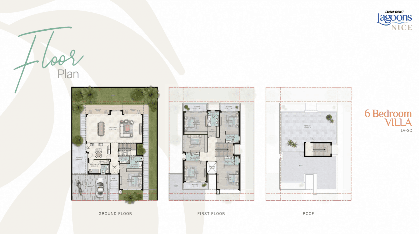 Plan d'étage architectural d'une villa de 6 chambres à Damas Hills, montrant les dispositions détaillées du rez-de-chaussée, du premier étage et du toit, étiquetées avec l'emplacement des pièces et les éléments de conception dans un cadre vert