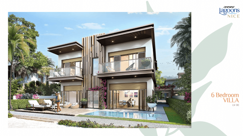 Une interprétation artistique d'une luxueuse villa jumelle de six chambres chacune, située à Damas Hills à The Lagoons, présentant une architecture moderne, des balcons, une piscine extérieure commune et un jardin luxuriant.