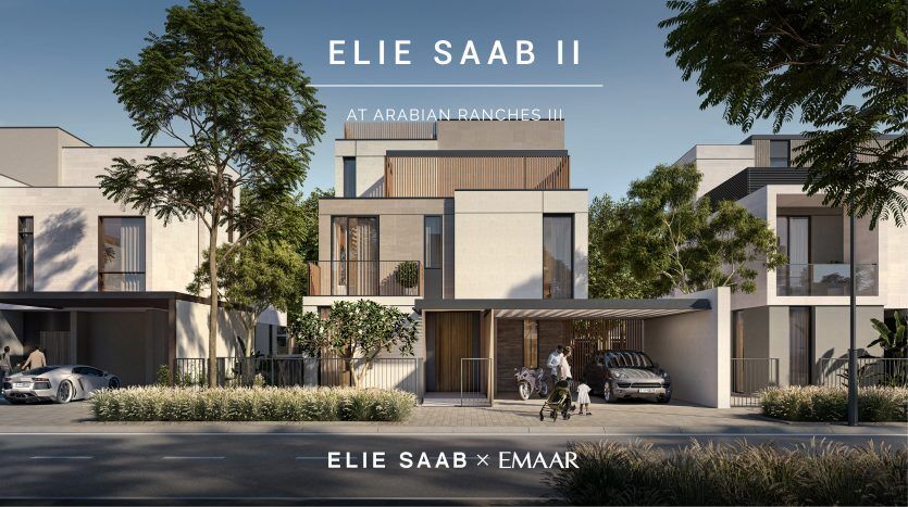 Maisons de ville de luxe conçues par Elie Saab à Arabian Ranches, présentant une architecture moderne, avec des véhicules garés et un couple promenant un chien.