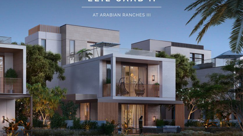 Un rendu architectural d'Elie Saab à Arabian Ranches III, présentant des villas modernes et luxueuses avec de grandes fenêtres, des balcons et un aménagement paysager luxuriant sous un ciel crépusculaire.
