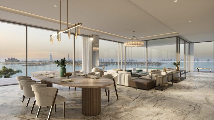 Luxueux salon et salle à manger décloisonnés avec fenêtres panoramiques offrant une vue sur les toits de la ville, doté d'un mobilier élégant et d'une décoration moderne inspirée des six sens.