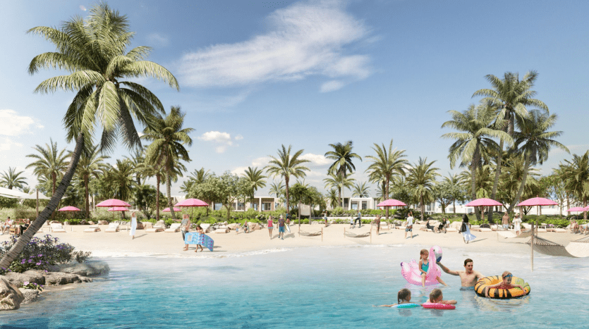Une scène balnéaire animée avec des gens profitant d'une journée ensoleillée autour d'une piscine bleue à Talia Valley. Des palmiers et des parasols roses parsèment la zone sablonneuse, ajoutant à l'ambiance tropicale.