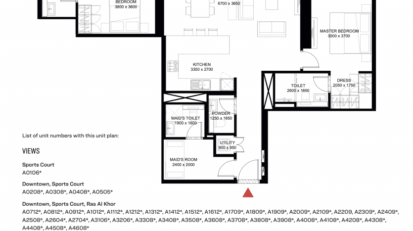 Plan d'étage architectural de The Crest Dubai, un appartement moderne montrant la disposition et les étiquettes détaillées des pièces, y compris la cuisine, les chambres et un salon, avec des annotations pour les dimensions et la numérotation des différentes unités modèles