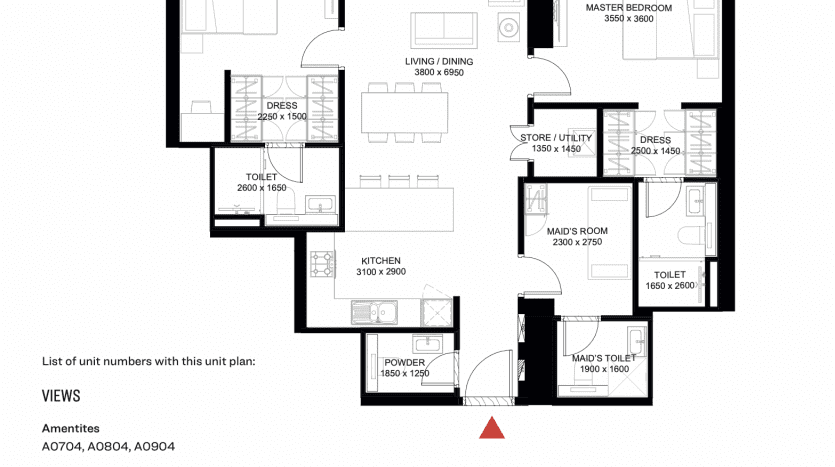 Plan d'étage architectural du complexe d'appartements "The Crest Dubai" montrant plusieurs unités avec des pièces désignées telles que des chambres, une cuisine, un salon et des salles de bains, ainsi que des étiquettes pour les dimensions des pièces et une liste