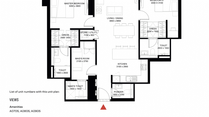 Plan d'étage de The Crest Dubai montrant différentes configurations d'appartements et numéros d'unités, marqués de mesures et de fonctions de pièces telles que les chambres, les cuisines et les salles de bains. Une flèche rouge indique une liste de numéros d'unités avec des vues