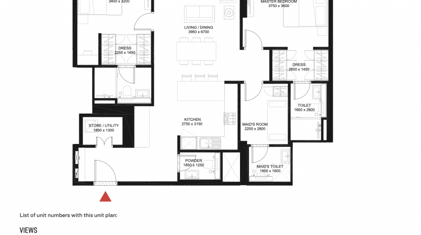 Plan d'étage de The Crest Dubai, un immeuble résidentiel à logements multiples montrant différentes configurations d'appartements avec des pièces étiquetées, notamment des chambres, des salles de bains, des cuisines et des espaces de vie.