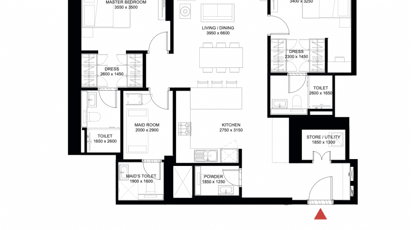 Plan d'étage de The Crest Dubai présentant différentes configurations d'appartements avec des dimensions détaillées des pièces, des zones de stockage et des équipements tels que des cuisines et des salles de bains. Une liste des numéros d'unité est incluse sous le plan.
