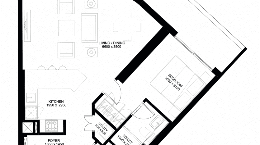 Plan d'étage de l'appartement "The Crest Dubai" comprenant un hall, une cuisine, deux chambres, deux salles de bains et un grand salon-salle à manger avec un balcon attenant. Chaque pièce est étiquetée avec des dimensions.