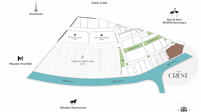 Carte illustrative de la région de Sobha Hartland à Dubaï, présentant des endroits clés tels que The Crest Dubai, l'hippodrome de Meydan, Dubai Creek et la réserve faunique de Ras Al Khor. Les icônes indiquent