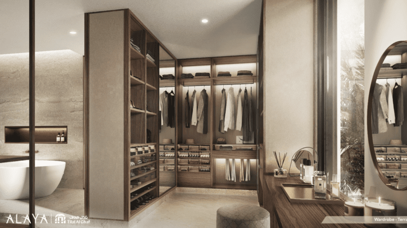 Luxurious dressing room in a Dubai villa featuring open shelves with well-organized clothes, drawers, a large mirror and a display case, complemented by soft lighting and modern decor.