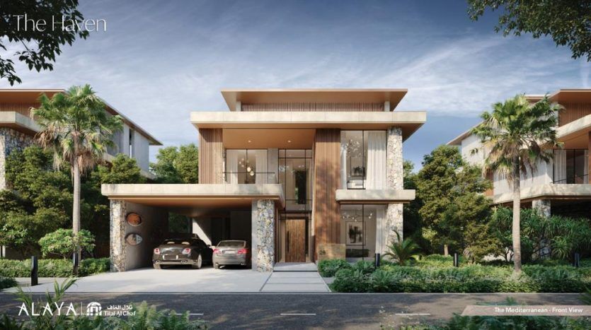 A digital rendering of a modern luxury home in Tilal Al Ghaf with large glass windows, woodwork and two cars parked in the driveway. Lush greenery surrounds the property, showcasing