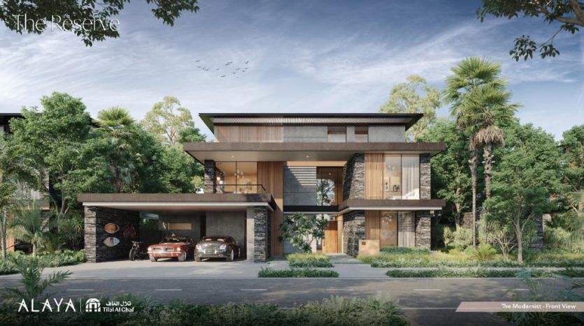Artistic rendering of a modern two-storey luxury home in Tilal Al Ghaf, featuring a combination of wood and glass facades, surrounded by lush greenery, with an elegant car parked