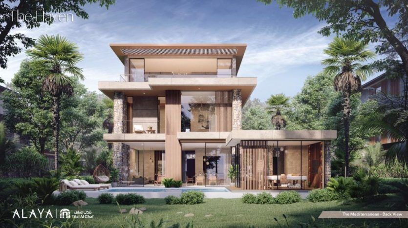 Modern three-story house with extensive glass walls, surrounded by lush greenery in Tilal Al Ghaf, featuring contemporary design with wooden elements and a flat roof, located in a quiet garden-like neighborhood.