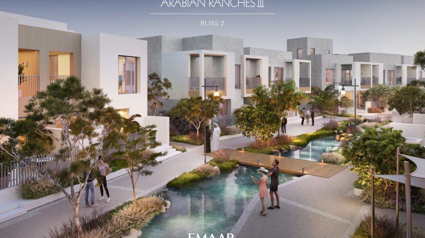 Rendu architectural d'Arabian Ranches III, Bliss 2, présentant des maisons blanches modernes avec des personnes marchant et interagissant dans un espace paysager avec des passerelles et un plan d'eau réfléchissant, idéal pour ceux