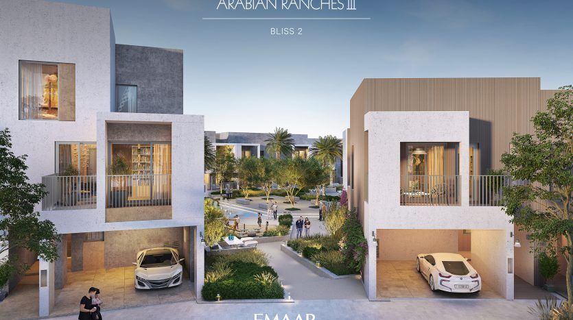 Un rendu numérique d'Arabian Ranches III, quartier Bliss 2 à Dubaï, comprenant des bâtiments résidentiels modernes de deux étages avec balcons, des places de parking pour voitures et des espaces verts paysagers avec des sentiers pédestres.