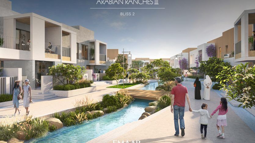 Rendu conceptuel d'un quartier résidentiel moderne, "Arabian Ranches III - Bliss 2", montrant des familles marchant le long des voies navigables, entourées de villas contemporaines de Dubaï et d'un aménagement paysager luxuriant.