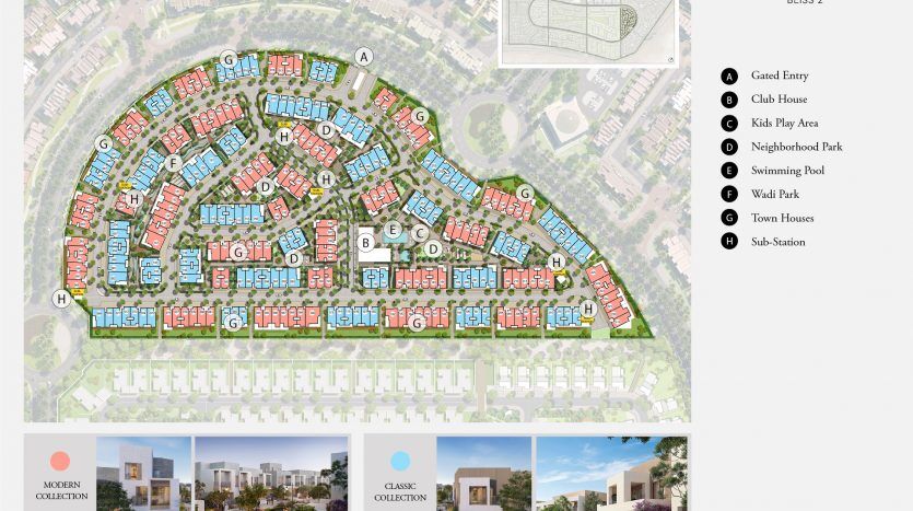 Un plan directeur du développement résidentiel Arabian Ranches II d'Emaar à Dubaï, montrant un diagramme de parcelles d'habitation, étiquetées avec des chiffres et des lettres, entourées d'équipements tels que des parcs et des piscines.