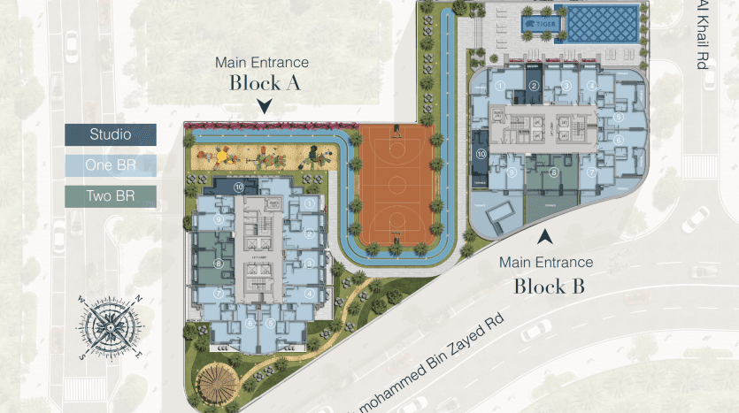 Plan d'étage illustré de la tour Cloud niveau 4 montrant deux blocs principaux (a et c) avec différentes configurations d'appartements étiquetés comme studio et une ou deux chambres, plus un espace extérieur. Les routes sont balisées