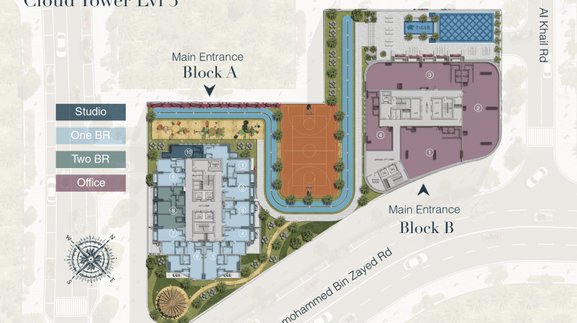 Plan d'étage illustré de la tour cloud niveau 3 à Dubaï, montrant deux blocs (a et b) avec des agencements pour studios, appartements d'une chambre, deux chambres et bureaux, ainsi que des étiquettes et un
