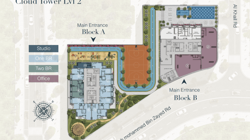 Plan d'étage de la tour cloud niveau 2 proposé par une agence immobilière de Dubaï, montrant deux blocs étiquetés a et b avec des aménagements pour un studio, des unités d'une et deux chambres et des bureaux.