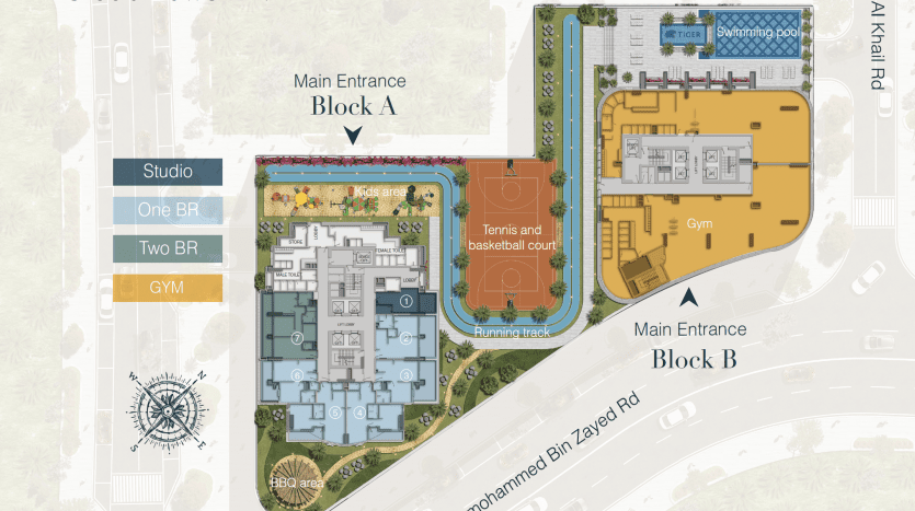 Plan d'étage illustré de la tour cloud niveau 1, montrant les blocs d'entrée principaux a et b, l'aménagement des studios, des appartements d'une et deux chambres, de la salle de sport, du terrain de tennis/basketball et de la course à pied.