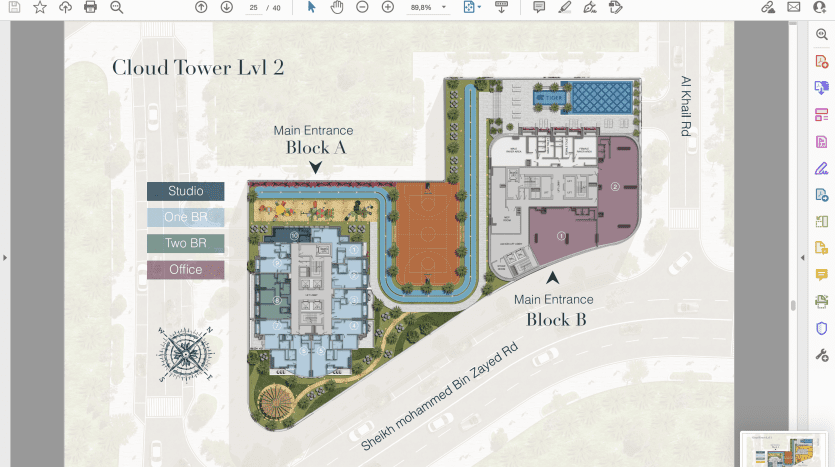 Une disposition numérique de la « cloud tower lv2 » à Dubaï montrant deux blocs principaux (le bloc a et le bloc b) avec des sections étiquetées comprenant des studios, des unités d'une chambre et des bureaux, entourés d'un aménagement paysager.