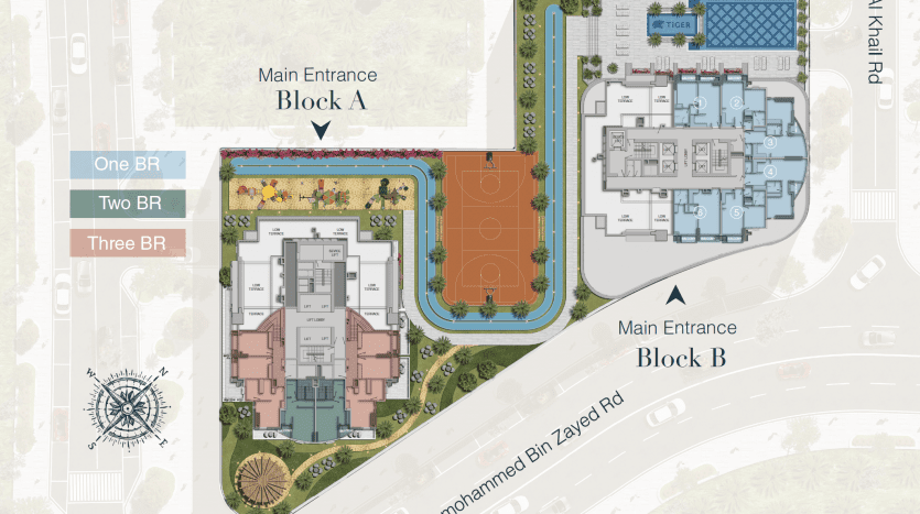 Un plan architectural d'une tour nuageuse de Dubaï au niveau 27, montrant deux blocs (a et b) avec des aménagements pour des appartements d'une, deux et trois chambres et des entrées principales étiquetées, opposées